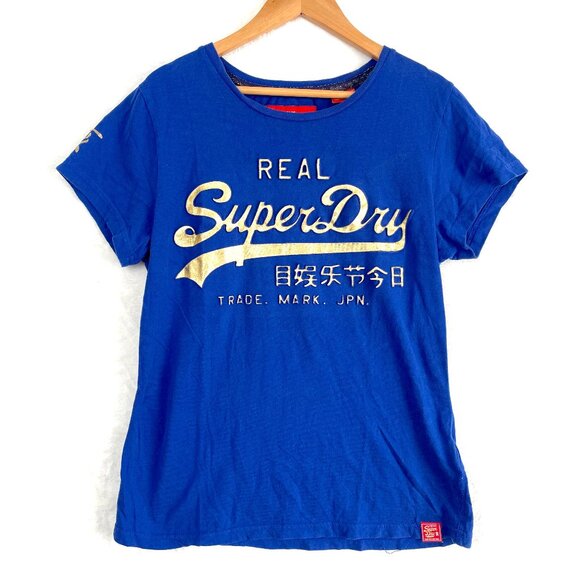 Superdry T Shirt Womens US Size 8 Small Royal Blue Metallic Logo - Picture 1 of 8